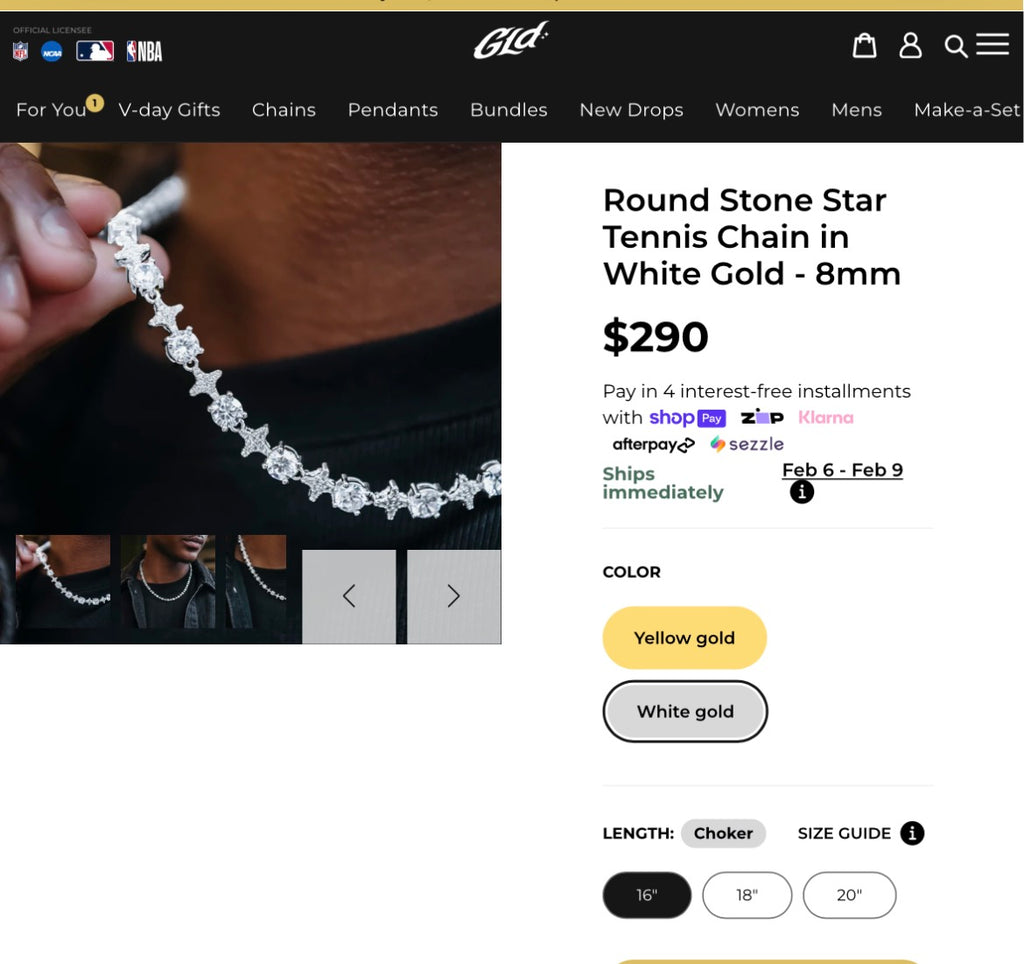 GLD 16 inch Round Stone Star Tennis Chain in White Gold - 8mm