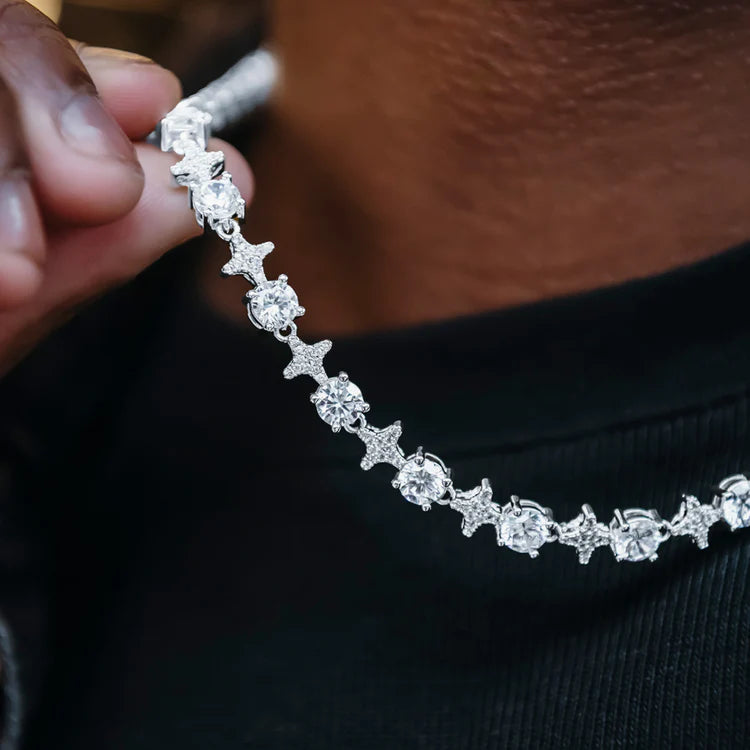 GLD 16 inch Round Stone Star Tennis Chain in White Gold - 8mm